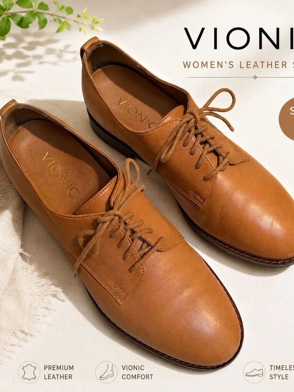 Vionic Leather Oxford Flats Tan Comfort Shoes Size 6 Minimalist 1” Heel
